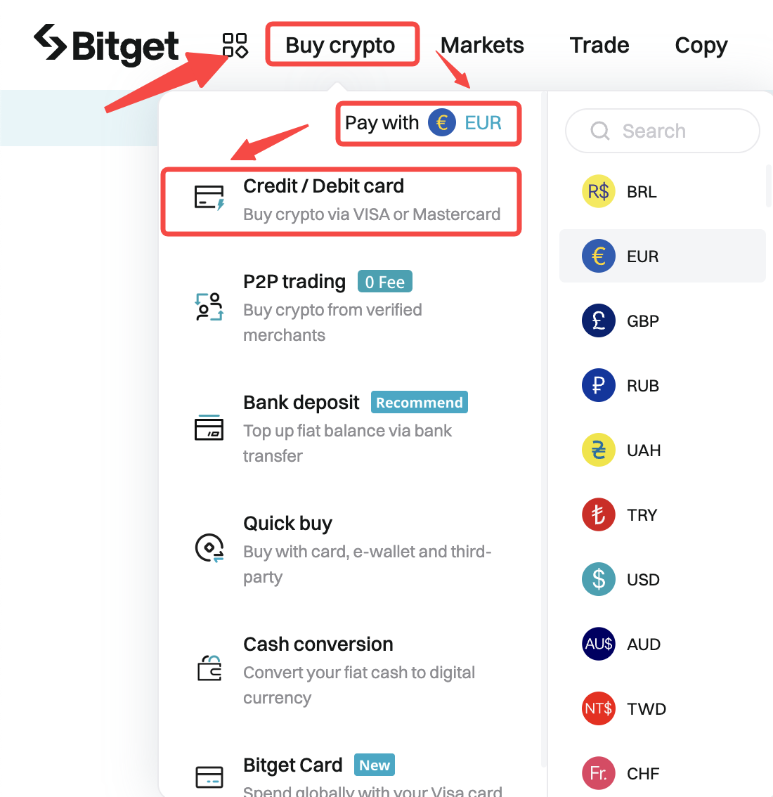 Paano bumili ng crypto gamit ang isang credit/debit card sa Bitget image 0