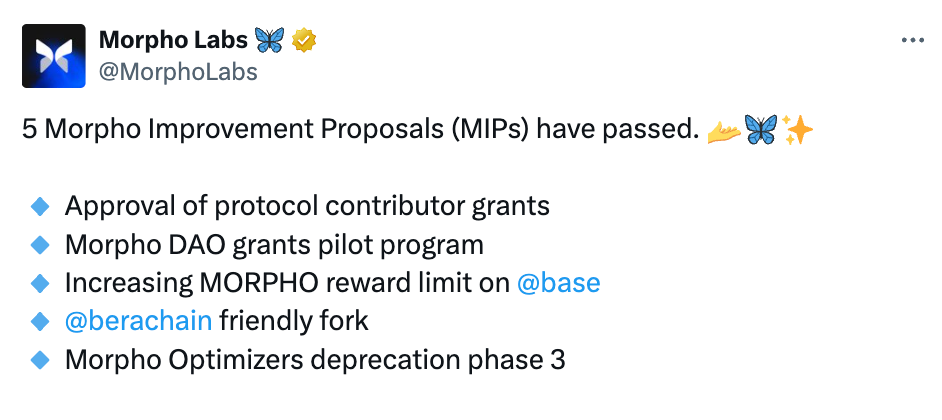 Morpho: 5 Morpho Improvement Proposals (MIPs) have been passed image 0