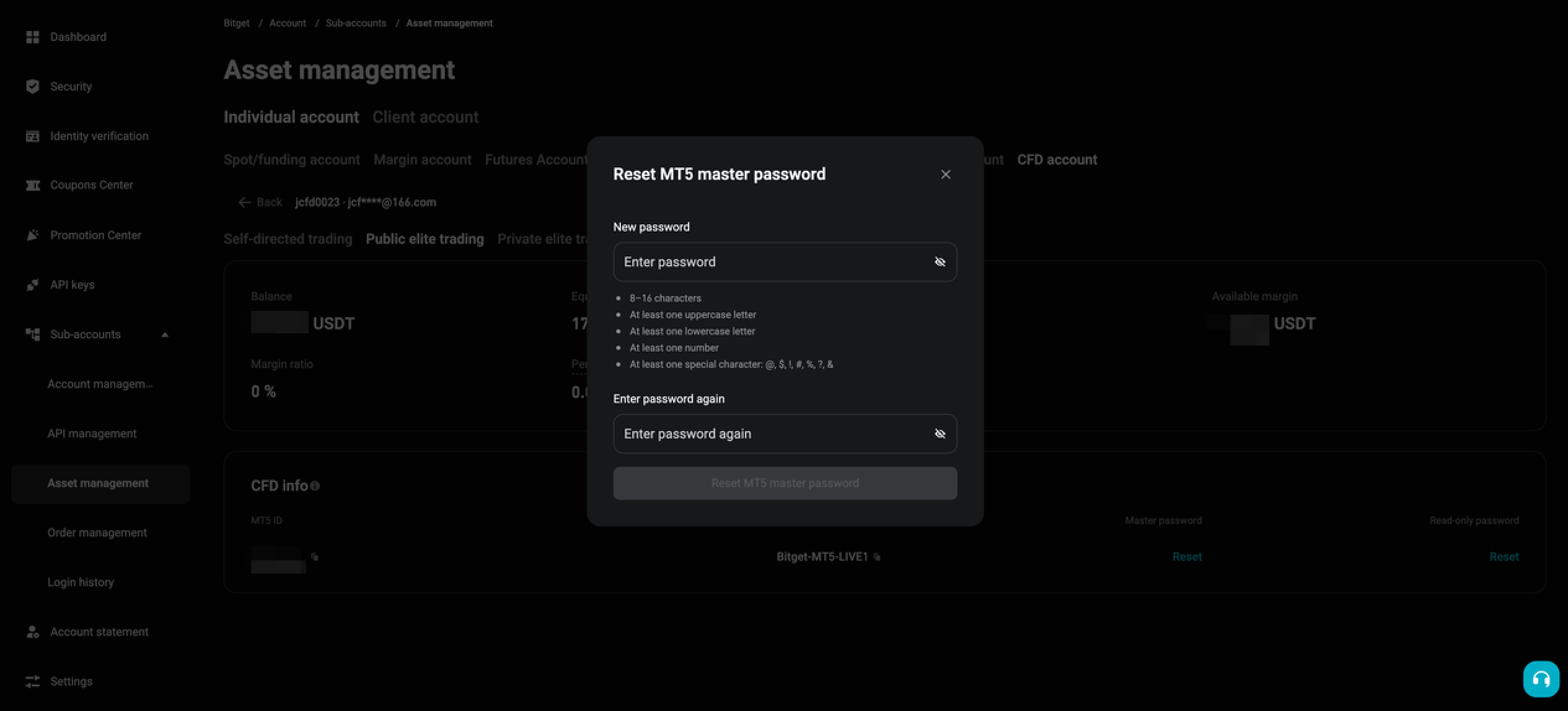 Mga Detalye ng CFD Elite Trading MT5 Account ng Sub-Account at Pag-reset ng Password