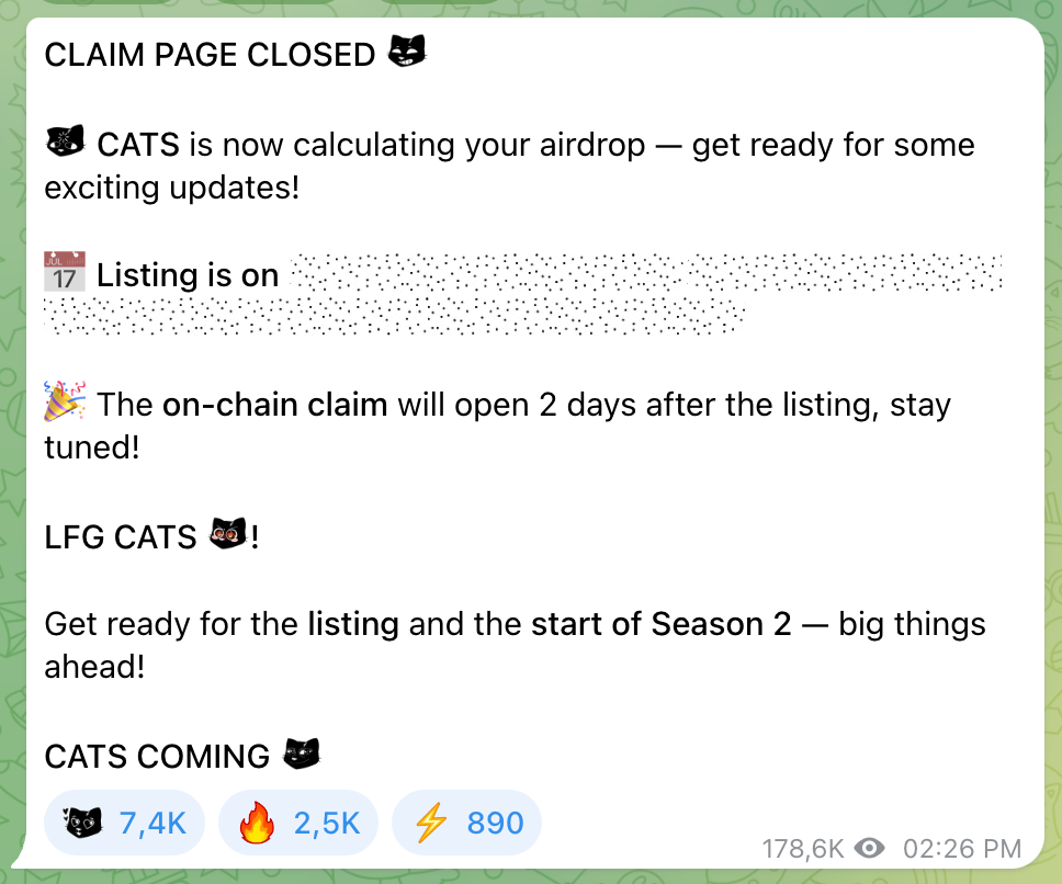Cats afirmam que a página foi fechada e está calculando seu airdrop agora