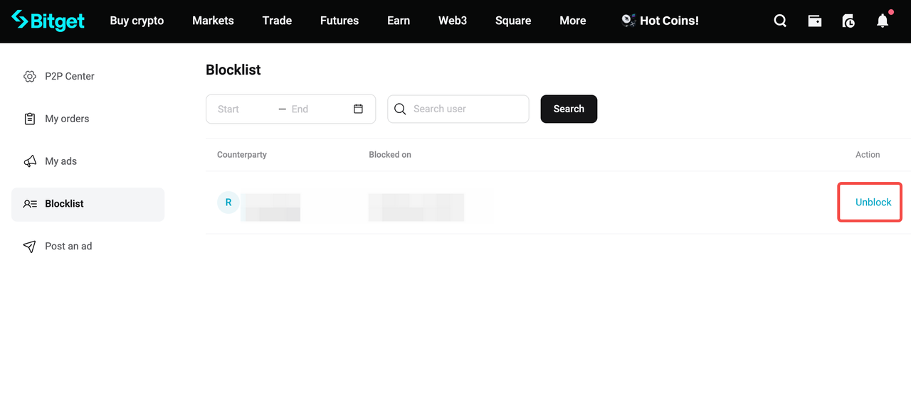 How to block or unblock users on Bitget P2P – Website Guide image 3