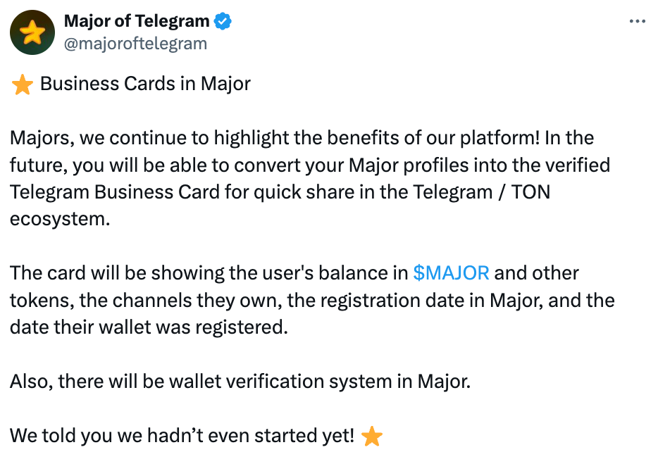 Major will support converting personal profiles into verified Telegram business cards in the future image 0