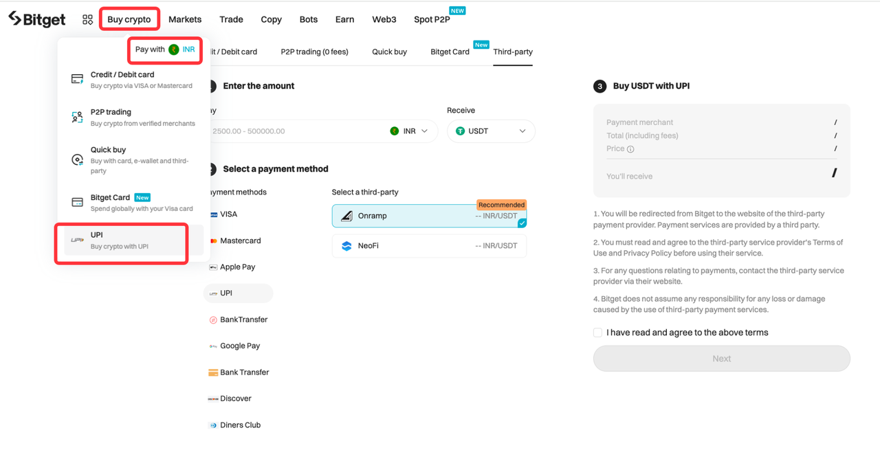 Onramp Money: How to buy crypto with INR via UPI & IMPS on Bitget image 0