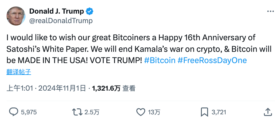 Trump tweets to celebrate 16th anniversary of Bitcoin white paper image 0