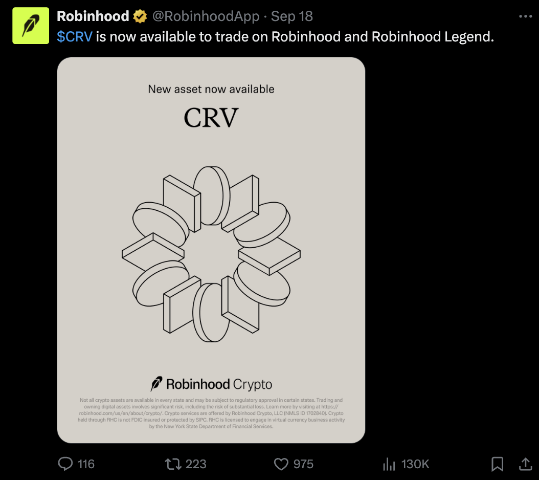 Curve DAO Token (CRV) Price Rises After Robinhood Listing and Governance Proposal image 0