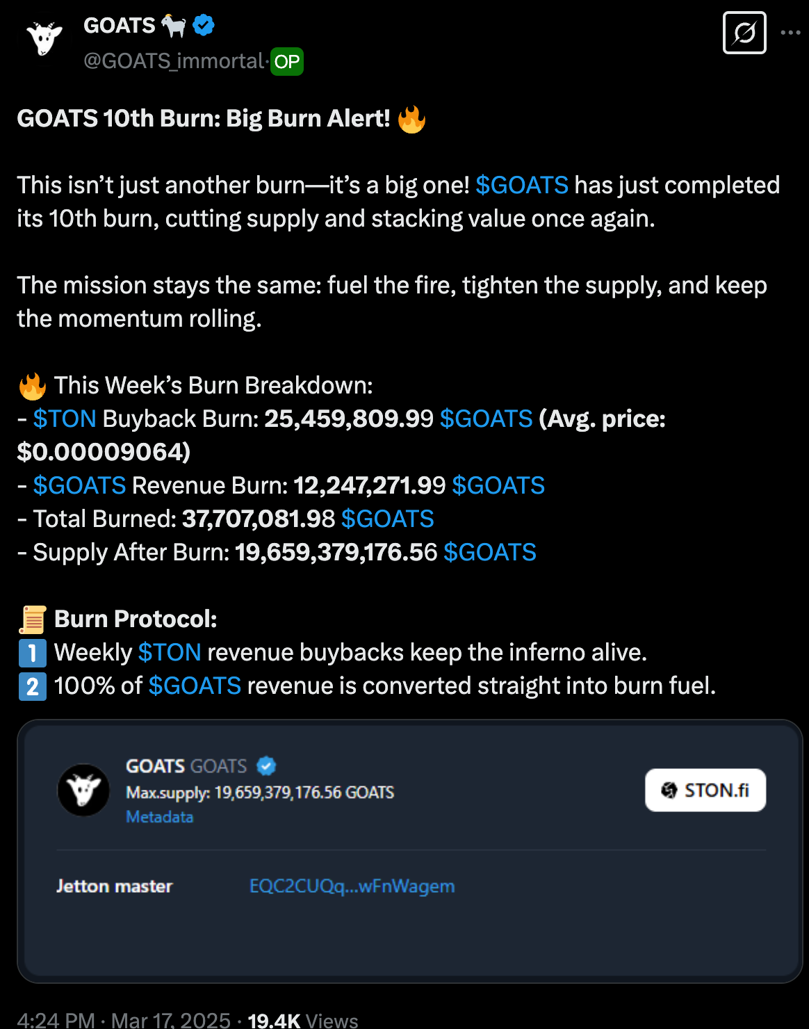 GOATS Completes 10th Token Burn, Reducing Supply by 37.7M Tokens image 0