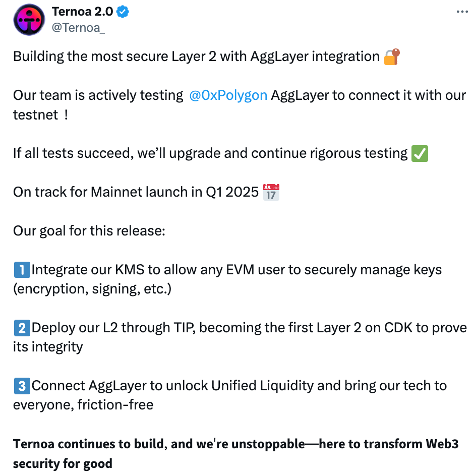 Ternoa: The team is actively testing the connection between AggLaye and the test network, and plans to launch the main network in the first quarter of 2025