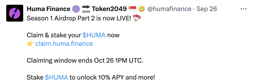 HUMA Airdrop Part 2 Begun: Claim 10% APR for Staking – Your Guide to Huma Crypto’s Incentives image 1