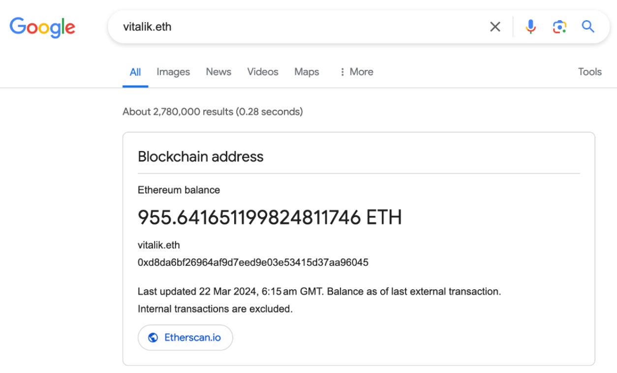 ENS data from Etherscan now visible in Google search results image 0