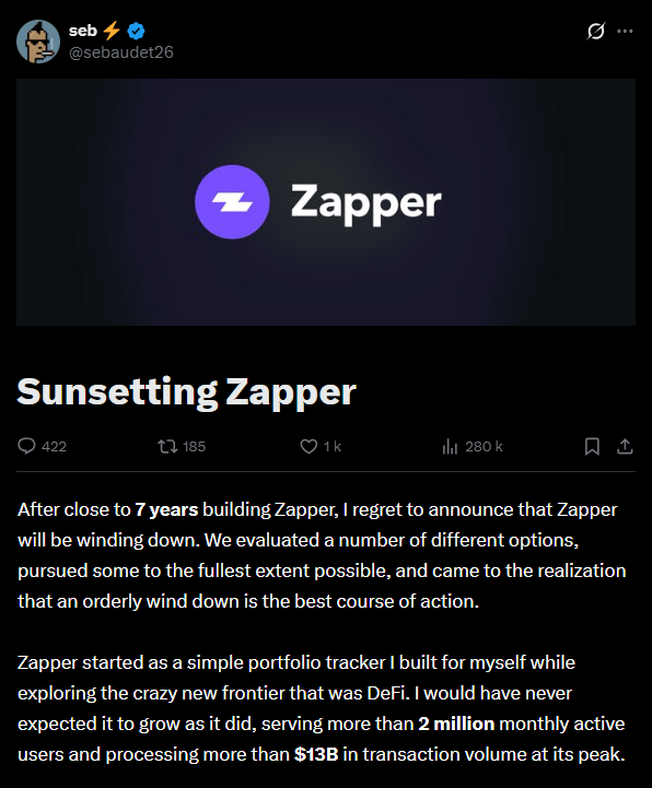 Crypto : Zapper ferme définitivement, la DeFi perd un acteur historique image 1