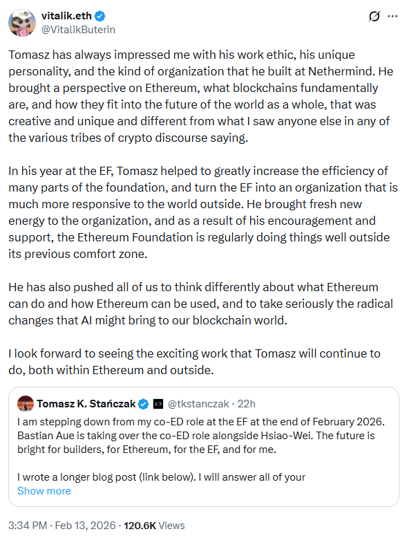 فيتاليك بوتيرين يتفاعل مع تنحي توماش ستانشاك عن منصبه كمدير لمؤسسة الإيثيريوم image 0