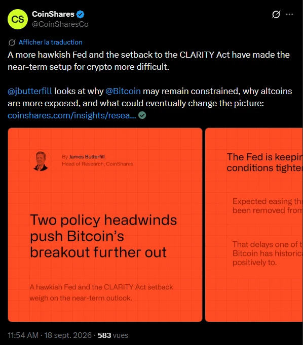 Fed et CLARITY Act : Les deux freins du bitcoin selon CoinShares image 1