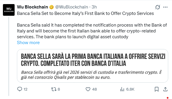 البنك المالي الإيطالي العملاق بانكا سيلا يحصل على الموافقة على إطلاق خدمات التشفير