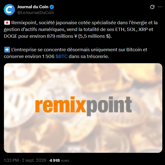 Ethereum, Solana, XRP, Dogecoin : Cette société japonaise vend tout pour miser sur Bitcoin