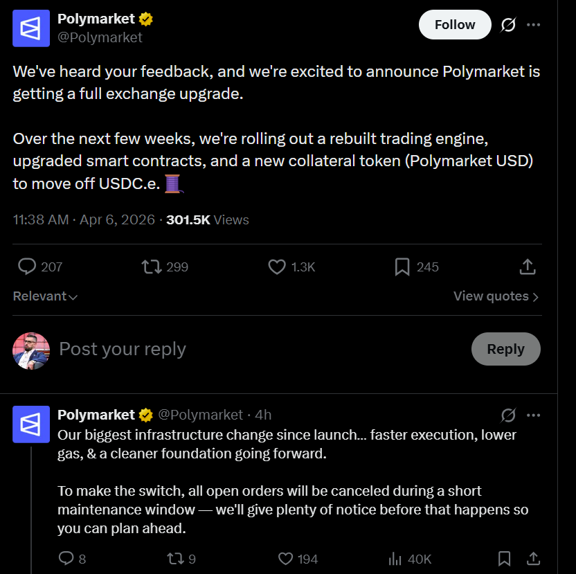 Polymarket remove USDC.e e adota token lastreado em USDC em reformulação da exchange