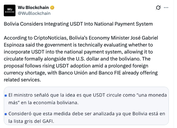 أخبار العملات المستقرة: بوليفيا تدرس إدراج عملة «تيثر» (USDT) في نظام الدفع الوطني