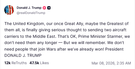 DAL, UAL, CCL Tank, While LMT, RTX, OXY Gain Overnight As Oil Nears $120: Trump Dismisses Market Panic As 'Small Price' For Peace