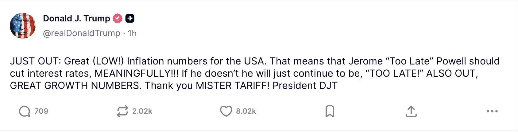 米国CPIデータを受けて暗号資産が急騰、トランプ氏はパウエル議長に利下げを促す