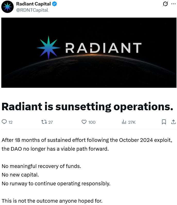 DeFi protocol Radiant to wind down after failing to recover from 2024 hack