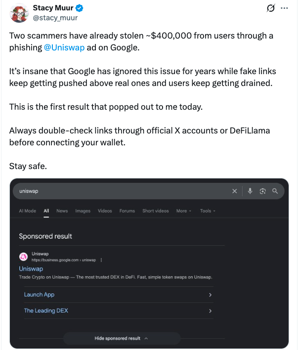 Scammers make $400K through fake Uniswap ads on Google