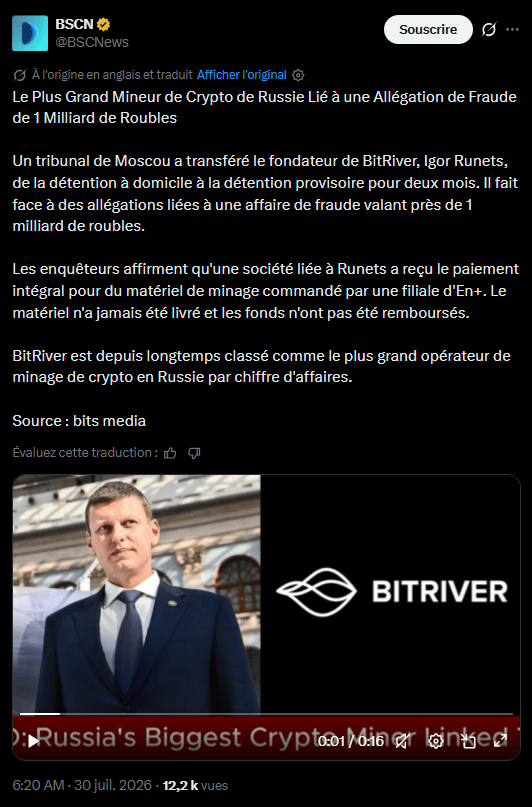 Bitcoin : Le plus grand mineur russe vacille après l’incarcération de son fondateur image 1