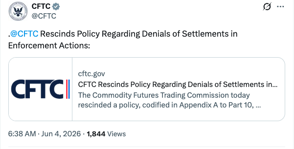 CFTC follows SEC in scrapping ‘no-deny’ policy for settlements
