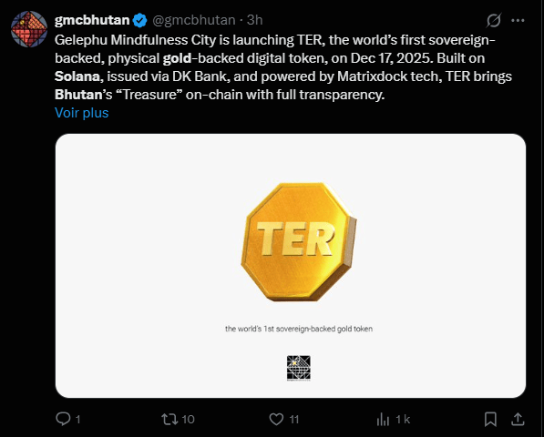 Crypto : Le Bhoutan lance un token adossé à l’or sur Solana (SOL) image 1