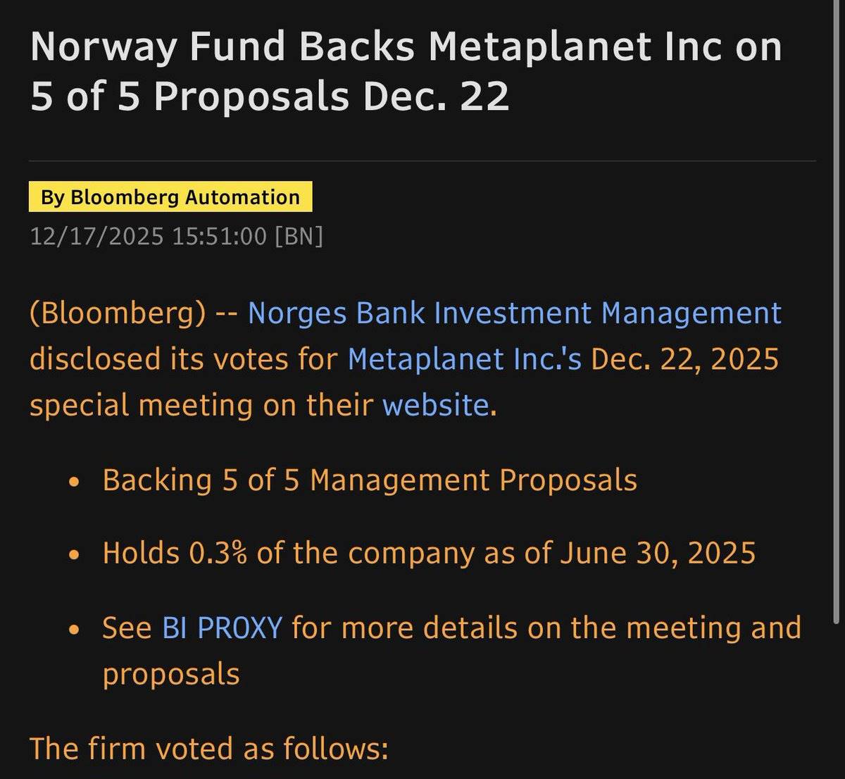 El fondo soberano de Noruega apoyó todas las propuestas de la dirección de Metaplanet en la junta de accionistas