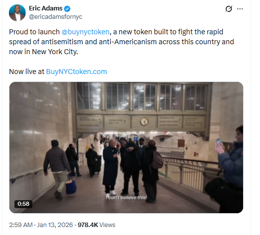Eric Adams Launches NYC Token as Price Drops Fast