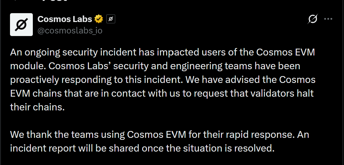 Cosmos requests validators to ‘halt their chains’ after EVM breach: 148.3M KII lost