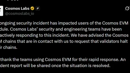 Cosmos requests validators to ‘halt their chains’ after EVM breach: 148.3M KII lost