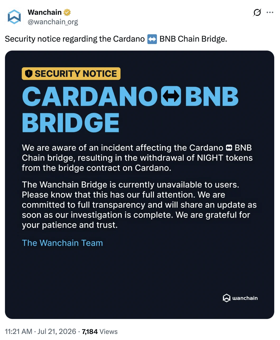 Digging deep into Wanchain’s Cardano-BNB Bridge exploit – How $9M NIGHT vanished in hours image 0