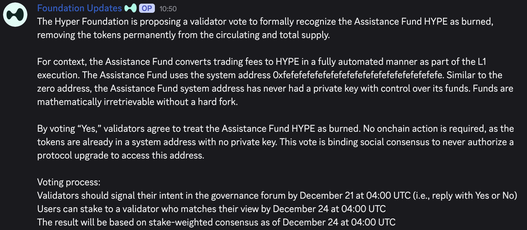 Hyper Foundation提议将Assistance Fund中HYPE代币永久销毁