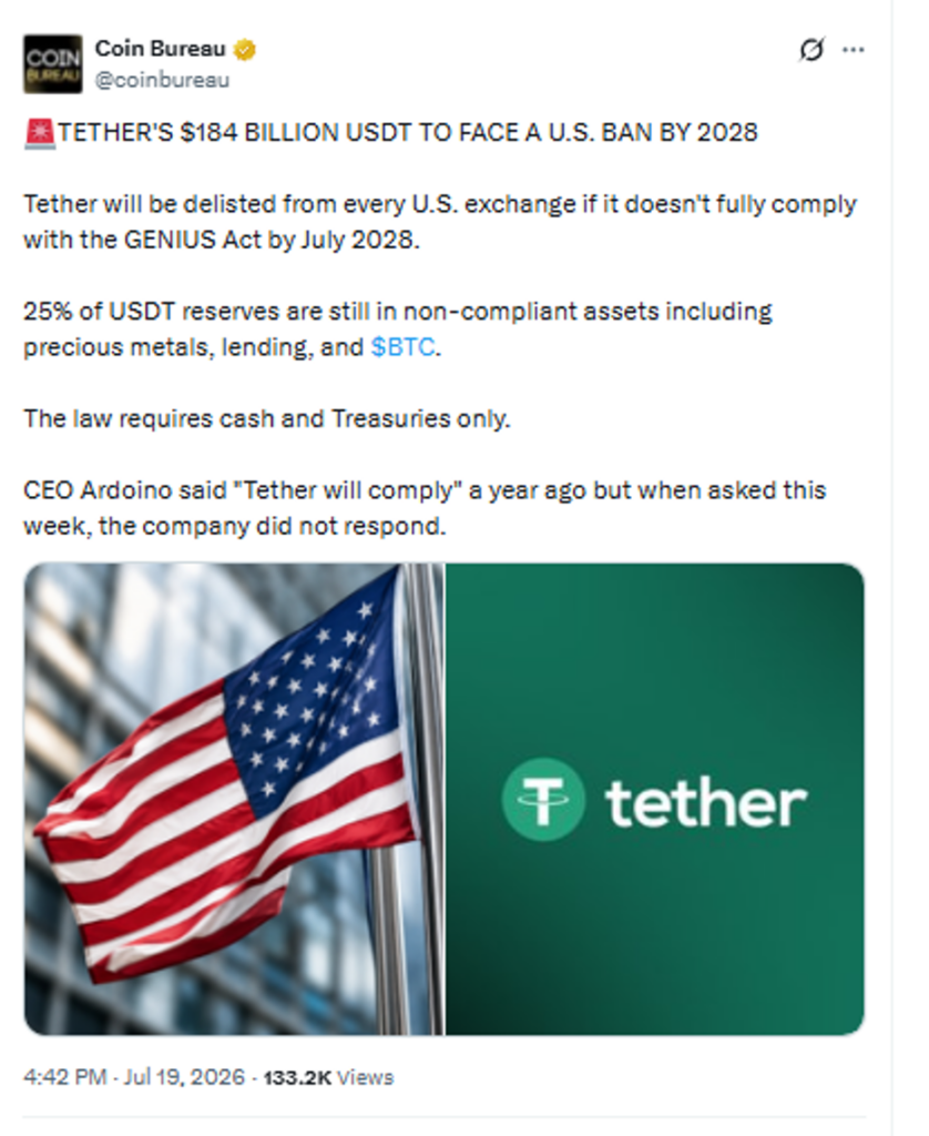 أخبار العملات المستقرة: تيثر تواجه خطر شطب USDT من التداول في الولايات المتحدة image 0