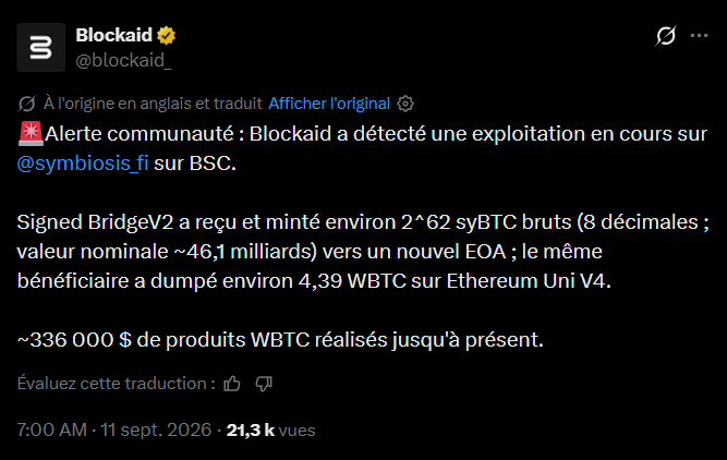 46 milliards de faux BTC créés pour 336 000 $ volés : Symbiosis victime d’un hack crypto