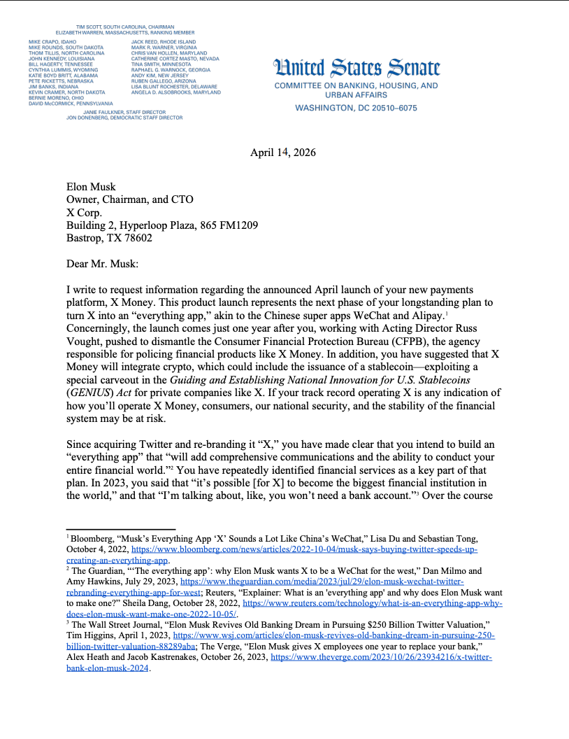 Senator Elizabeth Warren questions Elon Musk about X Money image 0