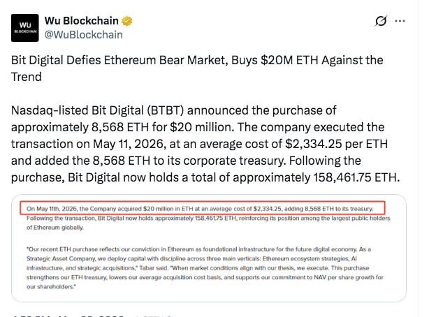 شركة Bit Digital تشتري إيثريوم بقيمة 20 مليون دولار مع تفاقم مخاوف السوق