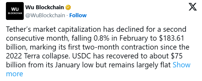 Рыночная капитализация стейблкоина USDT снижается второй месяц подряд