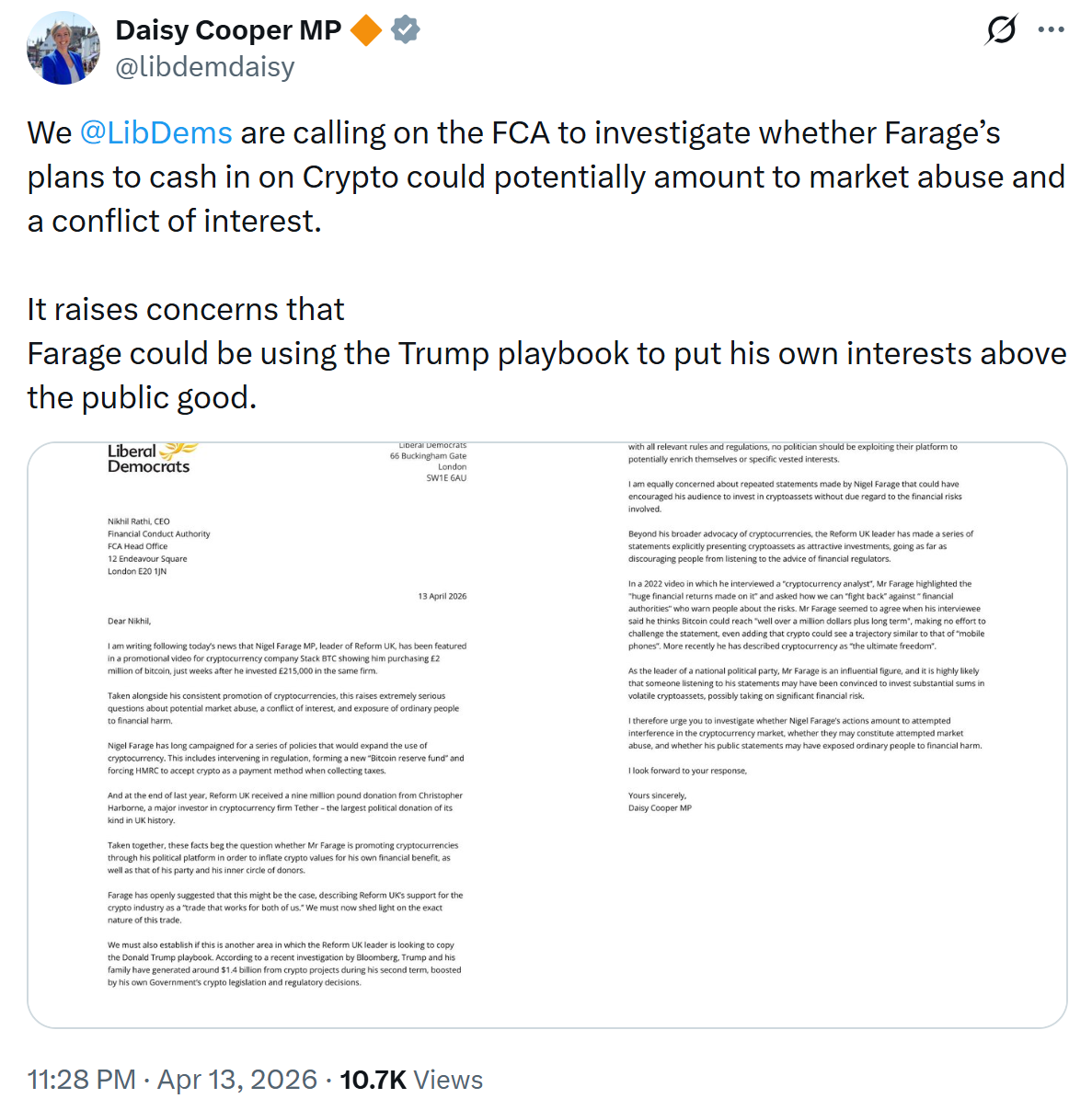 UK Lib Dems call for probe into Farage over $2.7M Stack BTC promotion