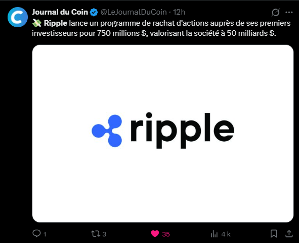 Crypto : Ripple franchit le cap des 50 milliards $ et lance un rachat d’actions géant image 1