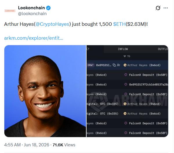 أخبار الإيثيريوم: آرثر هايز يشتري ما يزيد عن 5 ملايين دولار من عملة الإيثيريوم