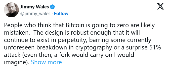  Соучредитель «Википедии»: биткоин не обнулится, но к 2050 году может упасть ниже $10,000 