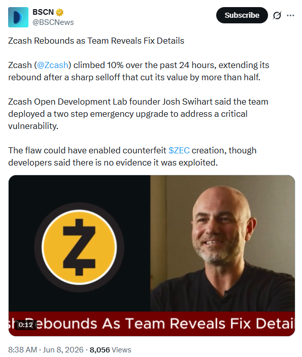 سعر Zcash يقفز بنسبة 10% بعد أن كشف المطورون الأساسيون عن إصلاح ثغرة أمنية خطيرة image 0