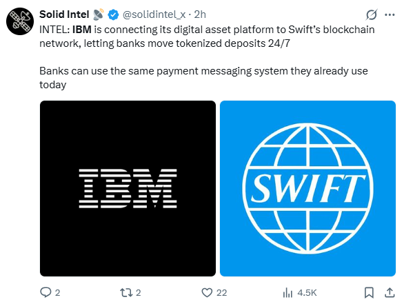 شركة IBM تربط منصة أصولها الرقمية بشبكة بلوكتشين التابعة لـ SWIFT image 0