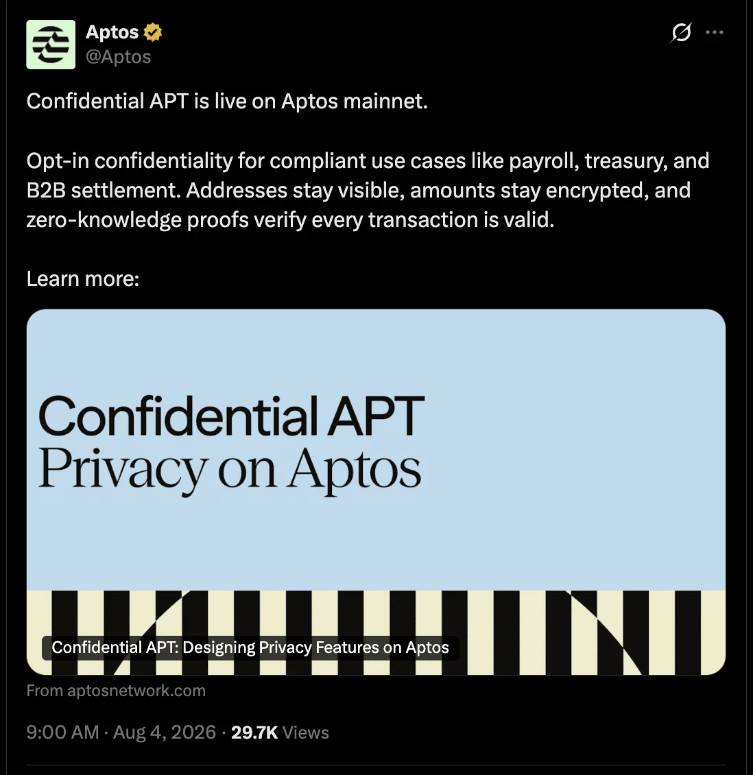 Aptos launches Confidential APT, but price still can’t break $0.58