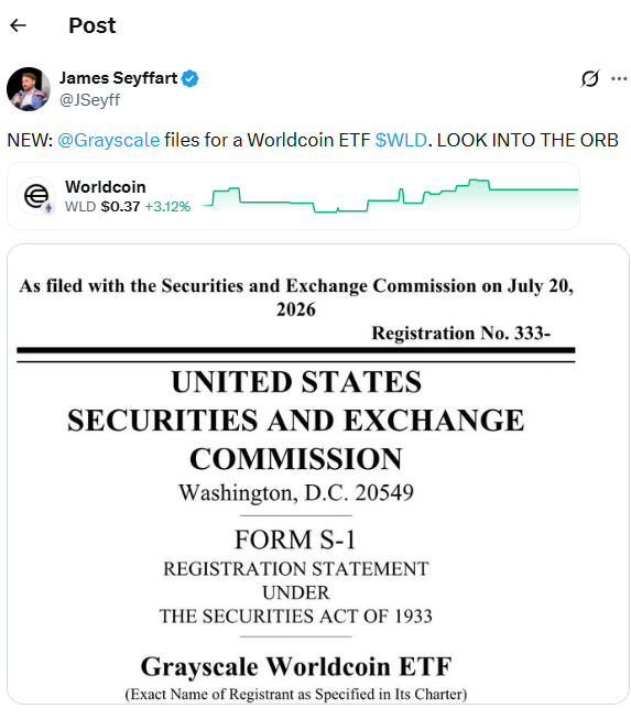 سعر WLD يقفز مع سعي «جرايسكيل» إلى إطلاق صندوق استثمار متداول في البورصة (ETF) للـ«وورلدكوين» في السوق الفورية