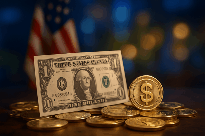 Dollarnote neben Stablecoin.