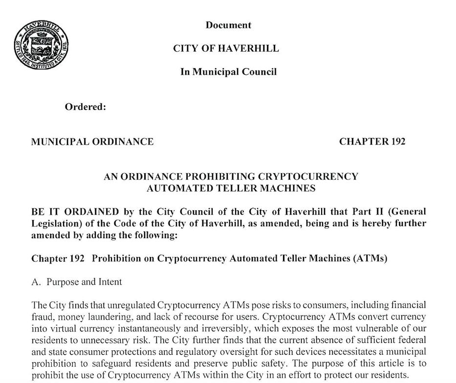 Massachusetts city to weigh crypto ATM ban, citing financial risks