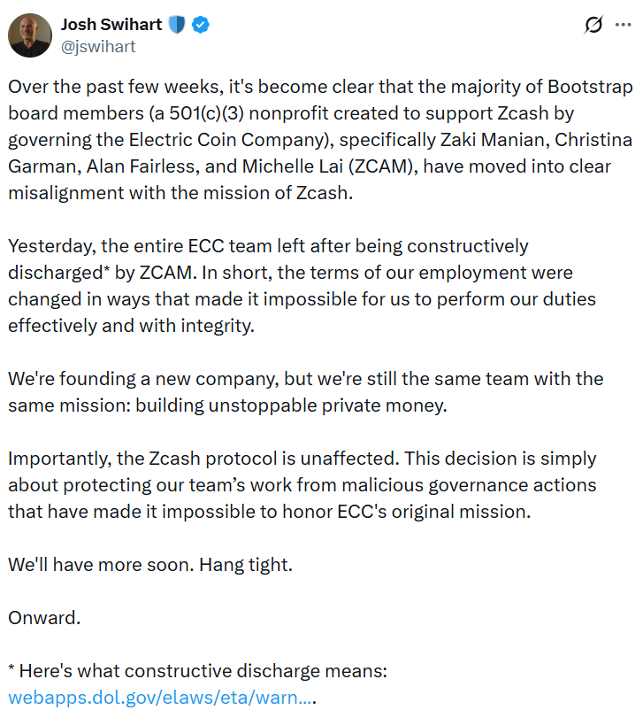 Zcash devs split from Electric Coin Company, plan to create new firm image 2