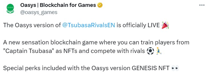 Captain Tsubasa Launches NFT Football Game on Oasys Blockchain